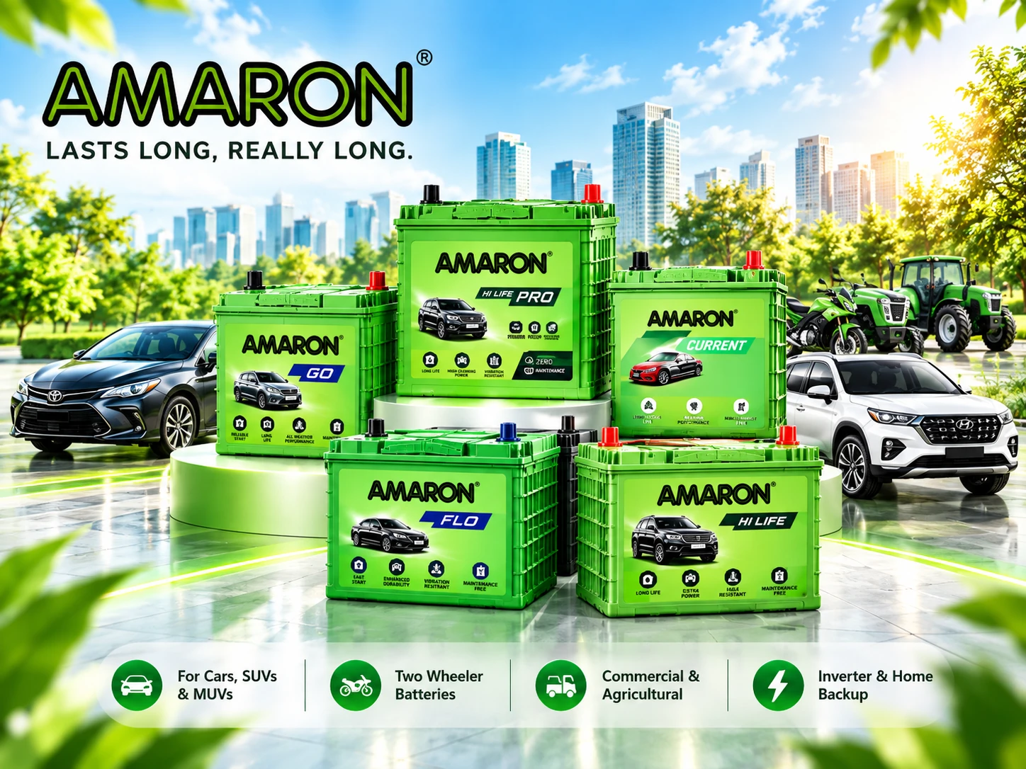 AMARON batteries in a bright green cityscape for automotive and backup power