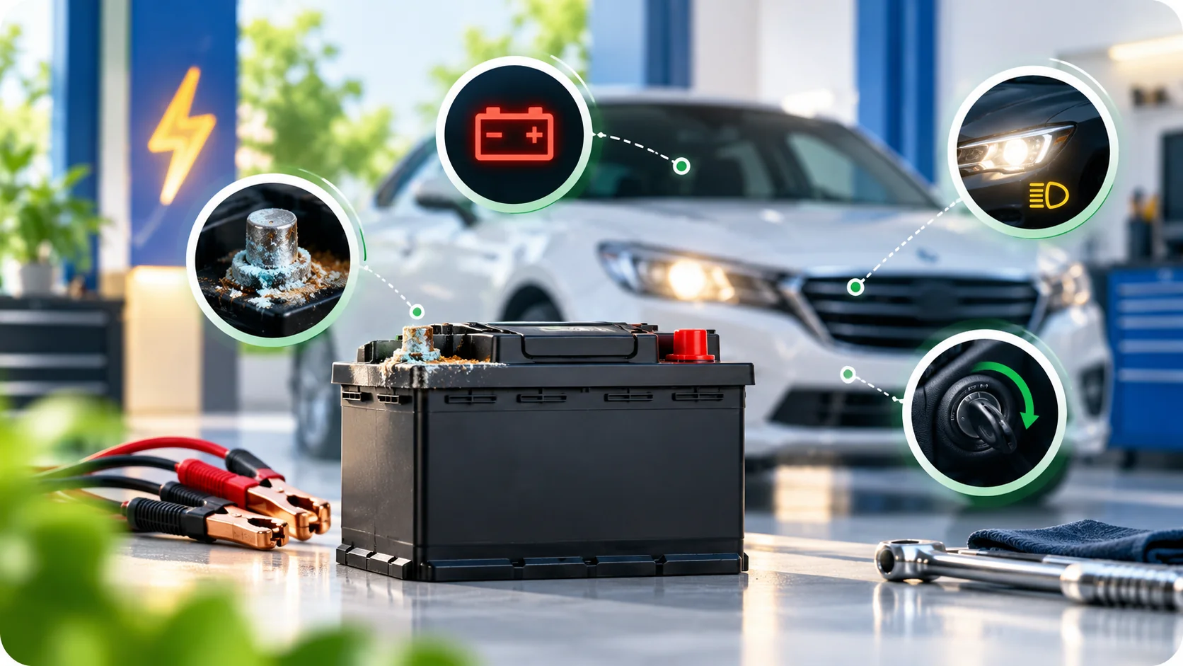 Car battery warning signs including corroded terminals, a battery dashboard warning, dim headlights and slow starting