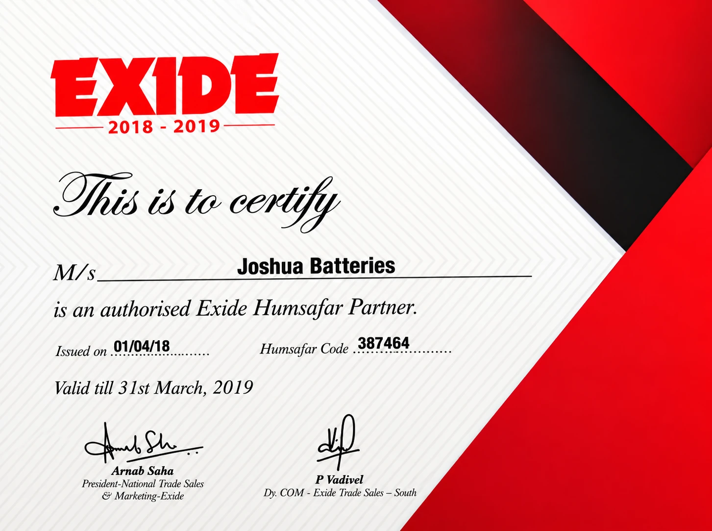 Bright Joshua Batteries EXIDE Humsafar Partner certificate for 2018 to 2019