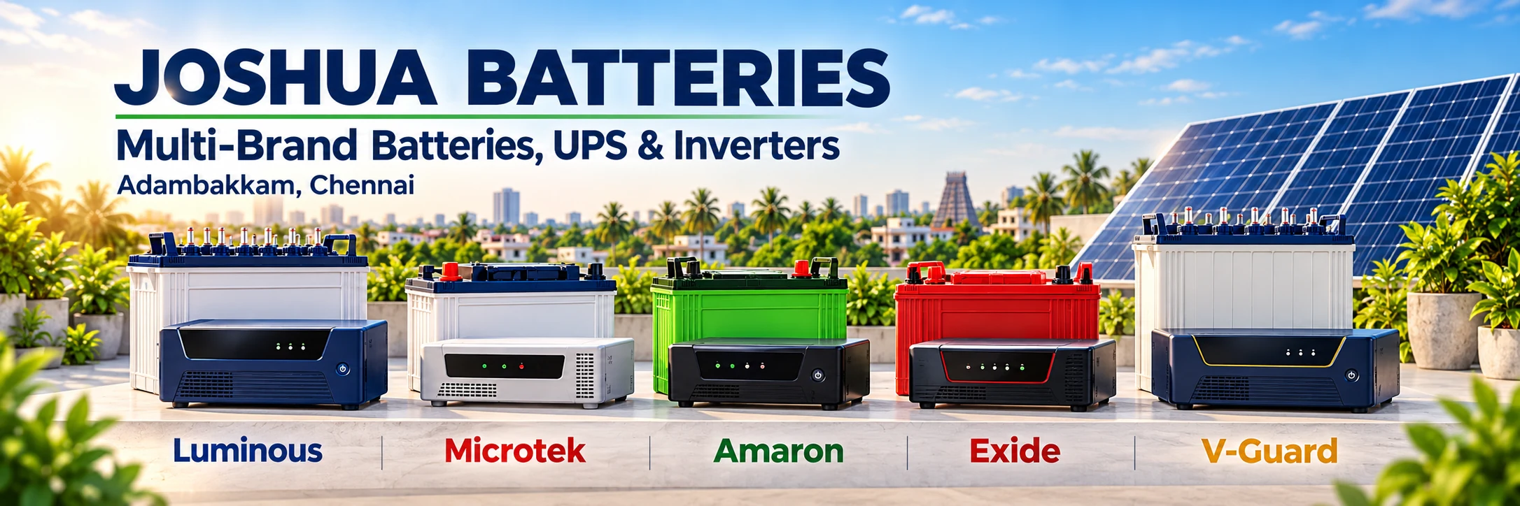 Joshua Batteries — Multi-Brand Batteries, UPS and Inverters in Adambakkam, Chennai. Luminous, Microtek, Amaron, Exide and V-Guard. Illustrative battery and inverter lineup with solar panels.