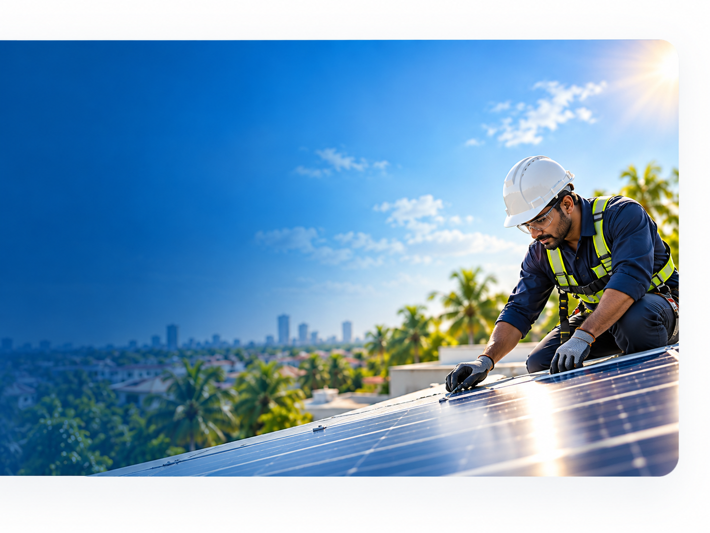 Technician servicing rooftop solar panels