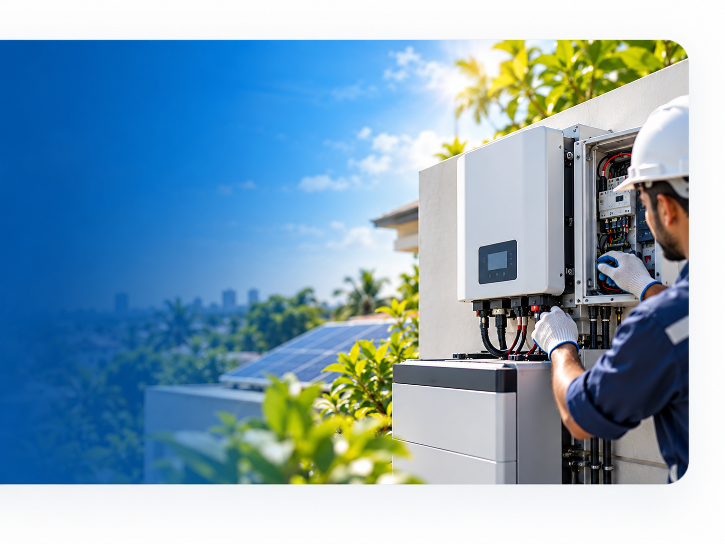 Technician checking solar inverter and backup equipment